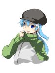 1girl :p blue_eyes blue_hair copyright_request hat highres ikuhana_niiro simple_background solo tongue 