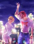  beard blonde_hair casual facial_hair fate/zero fate_(series) gilgamesh highres hosi-tubu-yaki male multiple_boys night red_eyes red_hair redhead rider_(fate/zero) 