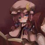  blue_eyes blush book bow capelet closed_eyes crescent eyes_closed hair_bow hat head_wings koakuma leaning_on_person multiple_girls patchouli_knowledge pikojirokurao purple_hair reading red_hair redhead sleeping touhou 