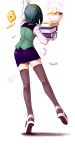  arm_up black_legwear book book_stack bowl food from_behind green_hair hairband holding idolmaster mistrail noodles on_one_foot otonashi_kotori ramen short_hair skirt solo standing_on_one_leg thigh-highs thighhighs tiptoes trembling white_background zettai_ryouiki 