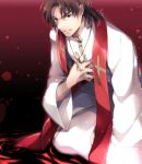  brown_eyes brown_hair cross cross_necklace fate/stay_night fate_(series) jewelry kotomine_kirei kuroemon necklace priest robe solo stole 