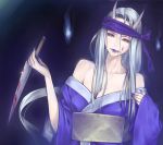  bare_shoulders blood blood_on_face bloody_knife breasts bubuzuke cleavage collarbone copyright_request highres holding holding_knife horns japanese_clothes kimono knife lips long_hair shikigami_no_shiro silver_hair solo tongue yellow_eyes zasae 