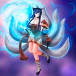  absurdres ahri allen_(pixiv) animal_ears bare_shoulders bell blue_hair boots braid breasts cleavage detached_sleeves energy_ball facial_mark fox_ears fox_tail highres large_breasts league_of_legends long_hair multiple_tails orb solo tail very_long_hair yellow_eyes 