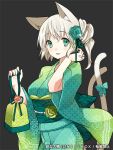  animal_ears blush cat_ears cat_tail flower green_eyes hair_flower hair_ornament japanese_clothes kimono looking_at_viewer mami multiple_tails rose simple_background smile solo tail youjo_taisen 