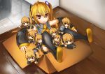  &gt;:o &gt;_&lt; 6+girls akita_neru bare_shoulders black_legwear blonde_hair box cardboard_box chibi closed_eyes detached_sleeves eyes_closed headset in_box in_container magu_(mugsfc) minigirl multiple_girls open_mouth red_eyes side_ponytail sitting skirt solo thigh-highs thighhighs vocaloid 