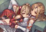  asuna_(sao) bare_shoulders black_legwear blush braid breasts brown_eyes brown_hair couch detached_sleeves fingerless_gloves gloves hand_on_head long_hair looking_at_viewer lying lying_on_person multiple_girls on_back red_eyes silica skirt smile spread_legs suzu_no sword_art_online thigh-highs thighhighs twintails white_legwear 