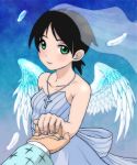  angel_wings bare_shoulders black_hair collarbone cross cross_necklace dress feathers fuura_kafuka ghost green_eyes hand_holding holding_hands itoshiki_nozomu japanese_clothes jewelry kimono looking_at_viewer necklace sayonara_zetsubou_sensei sekisiki short_hair smile spoilers veil wedding_dress wings 