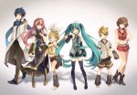  4girls aqua_eyes aqua_hair bad_id belt blonde_hair blue_eyes blue_hair boots brown_eyes brown_hair cross-laced_footwear detached_sleeves hair_ribbon hand_on_own_chest hatsune_miku high_heels kagamine_len kagamine_rin kaito lace-up_boots long_hair megurine_luka meiko midriff multiple_boys multiple_girls necktie ousaka_nozomi outstretched_arm pink_hair ribbon scarf shoes short_hair skirt thigh-highs thigh_boots thighhighs twintails very_long_hair vocaloid wink 