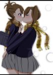  blush brown_eyes brown_hair futami_ami futami_mami idolmaster incest kiss long_hair multiple_girls sanzensai_michiru scarf school_uniform short_hair siblings side_ponytail twincest twins yuri 