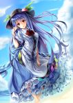  blue_hair blush bow brown_eyes dress fal_maro food fruit hat highres hinanawi_tenshi long_hair open_mouth peach solo touhou very_long_hair wind 