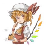 :t ascot blonde_hair bust cake cherry eating flandre_scarlet food food_on_face fruit hair_bobbles hair_ornament hat jpeg_artifacts low_wings nu_ma plate pudding short_hair side_ponytail solo sweets touhou wings wrist_cuffs 