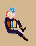  1girl age_difference bad_id bike_shorts black_eyes blue_eyes blue_hair brown_background child couple crystal_(pokemon) height_difference mmm73 pokemon pokemon_(game) pokemon_gsc red_hair redhead sitting socks sweatdrop twintails wataru_(pokemon) wink 