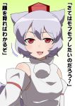  animal_ears bare_shoulders blush bust detached_sleeves dog_ears dog_tail gradient gradient_background green_background grey_hair hat inubashiri_momiji jeno looking_at_viewer portrait red_eyes short_hair simple_background solo tail text tokin_hat touhou translation_request wolf_ears wolf_tail 