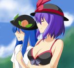  be_(o-hoho) bikini blue_hair bow breasts cleavage clenched_hands closed_eyes cloud clouds collarbone crossed_arms eyes_closed food fruit hat hat_bow hinanawi_tenshi leaf long_hair multiple_girls nagae_iku peach purple_hair shirt short_hair sky smile swimsuit touhou 