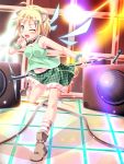  :d animal_ears blonde_hair blue_eyes blush collar copyright_request green_eyes hair_ornament hairclip irie_sekine looking_at_viewer microphone navel open_mouth plaid plaid_skirt short_hair skirt smile socks solo stage striped striped_socks wings wink 