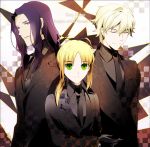  2boys ahoge aonome berserker_(fate/zero) blonde_hair fate/extra fate/zero fate_(series) formal gawain_(fate/extra) green_eyes long_hair multiple_boys necktie ponytail purple_hair saber suit 