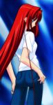  1girl aozaki_aoko blue_eyes jeans long_hair redhead solo 