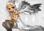  :&lt; bare_shoulders blush breasts dark_skin garter_straps grey_eyes hat looking_at_viewer original patatata silver_eyes sitting solo thigh-highs thighhighs twintails white_hair wings 