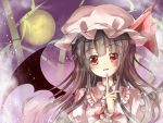  ascot bamboo bat_wings black_hair blush bust cosplay full_moon hat houraisan_kaguya long_hair moon open_mouth red_eyes remilia_scarlet remilia_scarlet_(cosplay) smile solo tam-out_(datam) touhou wings wrist_cuffs 