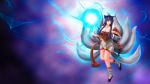  ahri allen_(pixiv) animal_ears bare_shoulders bell blue_hair boots braid breasts cleavage detached_sleeves energy_ball facial_mark fox_ears fox_tail highres large_breasts league_of_legends long_hair multiple_tails orb solo tail very_long_hair yellow_eyes 