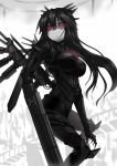  alternate_costume alternate_weapon arm_cannon black_hair blame! bodysuit breasts crossover glowing glowing_eyes gun highres large_breasts long_hair radiation_symbol red_eyes reiuji_utsuho shinjitsu_(true_ride) solo touhou weapon 