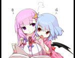  :&lt; bat_wings blue_hair blush book crescent fang hands_on_shoulders long_hair multiple_girls no_hat no_headwear open_book open_mouth patchouli_knowledge pillarboxed purple_eyes purple_hair red_eyes remilia_scarlet shamo_(koumakantv) simple_background touhou translation_request violet_eyes white_background wings 