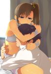  1girl black_hair bra brown_eyes brown_hair futami_mami hair_ornament highres hug idolmaster nishimuku_meri producer_(idolmaster) short_hair side_ponytail tears underwear 