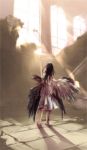  asymmetrical_wings bare_shoulders barefoot black_hair dress feathered_wings from_behind highres light_particles long_hair original ruins shadow shirou_(j00630) solo stairs standing sunbeam sunlight window wings 