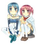  armband bare_shoulders blue_eyes blue_hair cape dddoochi1 gloves hand_holding holding_hands kaname_madoka magical_girl mahou_shoujo_madoka_magica miki_sayaka multiple_girls pink_eyes pink_hair school_uniform short_hair short_twintails simple_background smile thigh-highs thighhighs twintails white_background zettai_ryouiki 