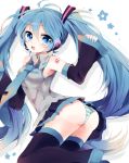  asprach blue_eyes blue_hair boots detached_sleeves hatsune_miku headset highres long_hair nail_polish necktie open_mouth panties skirt solo striped striped_panties thigh-highs thigh_boots thighhighs twintails underwear very_long_hair vocaloid 