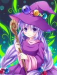  braid hat holding long_hair monster_maker purple_eyes purple_hair rufia_(monster_maker) solo staff torako_19 twin_braids violet_eyes witch witch_hat 