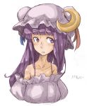  bare_shoulders casual collarbone crescent_moon double_bun hat jpeg_artifacts long_hair looking_away moon nu_ma parted_lips patchouli_knowledge purple_hair solo touhou 