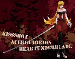  bakemonogatari blonde_hair character_name cleavage dafei dress elbow_gloves fang gloves highres katana kissshot_acerolaorion_heartunderblade kizumonogatari long_hair monogatari_(series) nodachi oshino_shinobu pantyhose ribbons skull solo sword vampire very_long_hair weapon 