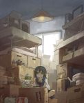  1girl box cardboard_box cat ceiling_light clutter computer dog dr_pepper eating flat_gaze instant_ramen monitor mouse original rice_cooker school_uniform short_hair soda_can solo storage_room teapot yamaada 