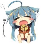  =_= ahoge animal_ears barefoot bell blue_hair blush_stickers chibi drooling fake_animal_ears fang long_hair necco_(tefun) open_mouth original sitting sleeping solo tail tefun translated translation_request white_background 