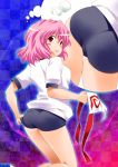  adjusting_buruma alternate_costume ass back blush breasts buruma gym_uniform hitodama kanoe looking_back open_mouth pink_hair red_eyes saigyouji_yuyuko short_hair smile solo touhou triangular_headpiece 