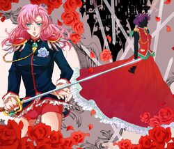  dress epaulettes flower green_eyes himemiya_anthy long_hair mitui321 multiple_girls pink_hair purple_hair rose short_hair shorts shoujo_kakumei_utena sword tenjou_utena weapon 