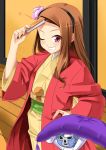  brown_hair buratei_marii buratei_marii_(cosplay) cosplay cushion fan flower hair_flower hair_ornament hairband hand_on_hip idolmaster idolmaster_2 japanese_clothes joshiraku kimono long_hair mask minase_iori miri_(ago550421) pink_eyes red_eyes solo stuffed_animal stuffed_rabbit stuffed_toy wink 