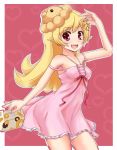  bakemonogatari banana_(hirane1988) blonde_hair box doughnut dress fangs hat heart long_hair monogatari_(series) mugen_lion nisemonogatari oshino_shinobu red_background red_eyes smile strap_slip 