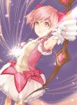  arrow besi323 bow bow_(weapon) bubble_skirt firing gloves kaname_madoka looking_at_viewer magical_girl mahou_shoujo_madoka_magica outstretched_arm pink_eyes pink_hair short_hair short_twintails twintails weapon 