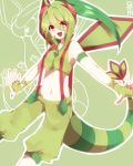  bare_shoulders fingerless_gloves flygon gloves green_hair highres long_hair looking_at_viewer midriff multicolored_hair nail_polish navel open_mouth personification pokemon ponytail red_eyes smile solo suspenders tail takeshima_(nia) two-tone_hair 