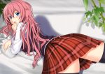  alternate_costume alternate_hairstyle blue_eyes derivative_work highres lemoo long_hair looking_at_viewer looking_back lying megurine_luka on_stomach pink_hair plaid skirt solo thigh-highs thighhighs vocaloid zettai_ryouiki 