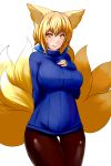  alternate_costume animal_ears blonde_hair breasts dearmybrothers fox_ears fox_tail hand_on_own_chest highres huge_breasts looking_at_viewer multiple_tails pantyhose ribbed_sweater simple_background smile solo sweater tail thigh_gap touhou turtleneck turtleneck_sweater white_background yakumo_ran yellow_eyes 