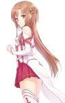  asuna_(sao) bare_shoulders brown_eyes brown_hair detached_sleeves irimo-m long_hair simple_background skirt solo sword_art_online thigh-highs thighhighs white_background white_legwear 