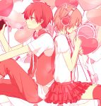  1girl back-to-back balloon digital_media_player headphones heart ipod kagerou_project kisaragi_attention_(vocaloid) kisaragi_momo kisaragi_shintarou long_hair monochrome short_hair siblings side_ponytail sitting thighhighs vocaloid yuzudaze 