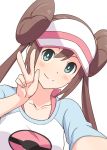  blush bow brown_hair double_bun green_eyes hyakuen_raitaa mei_(pokemon) pokemon pokemon_(game) pokemon_bw2 raglan_sleeves self_shot smile solo twintails v visor_cap white_background 