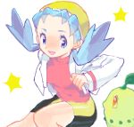  1girl bangs blue_eyes blue_hair chikorita crystal_(pokemon) drawr hat mimizubare pokemon pokemon_(creature) pokemon_(game) pokemon_gsc twintails 