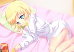  bed blonde_hair blue_eyes blush copyright_request eating food irie_sekine looking_at_viewer lying mouth_hold on_side pillow potato_chips shirt short_hair solo 