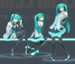  3girls aqua_eyes aqua_hair bare_shoulders blush boots clone detached_sleeves glowing hand_on_hip hatsune_miku headphones headphones_around_neck headset highres long_hair looking_at_viewer looking_back multiple_girls multiple_persona necktie open_mouth robot_(santouhei) sitting skirt smile solo standing thigh-highs thigh_boots thighhighs twintails very_long_hair vocaloid zettai_ryouiki 