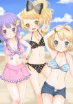  :&lt; alice_margatroid alternate_hairstyle beach bikini blonde_hair blue_eyes bracelet breasts brown_eyes cleavage crescent denim denim_shorts hair_ornament hair_ribbon hairband hairclip jewelry kirisame_marisa long_hair midriff mnmktn multiple_girls necklace open_mouth patchouli_knowledge purple_eyes purple_hair ribbon shorts smile swimsuit touhou unbuttoned v violet_eyes 